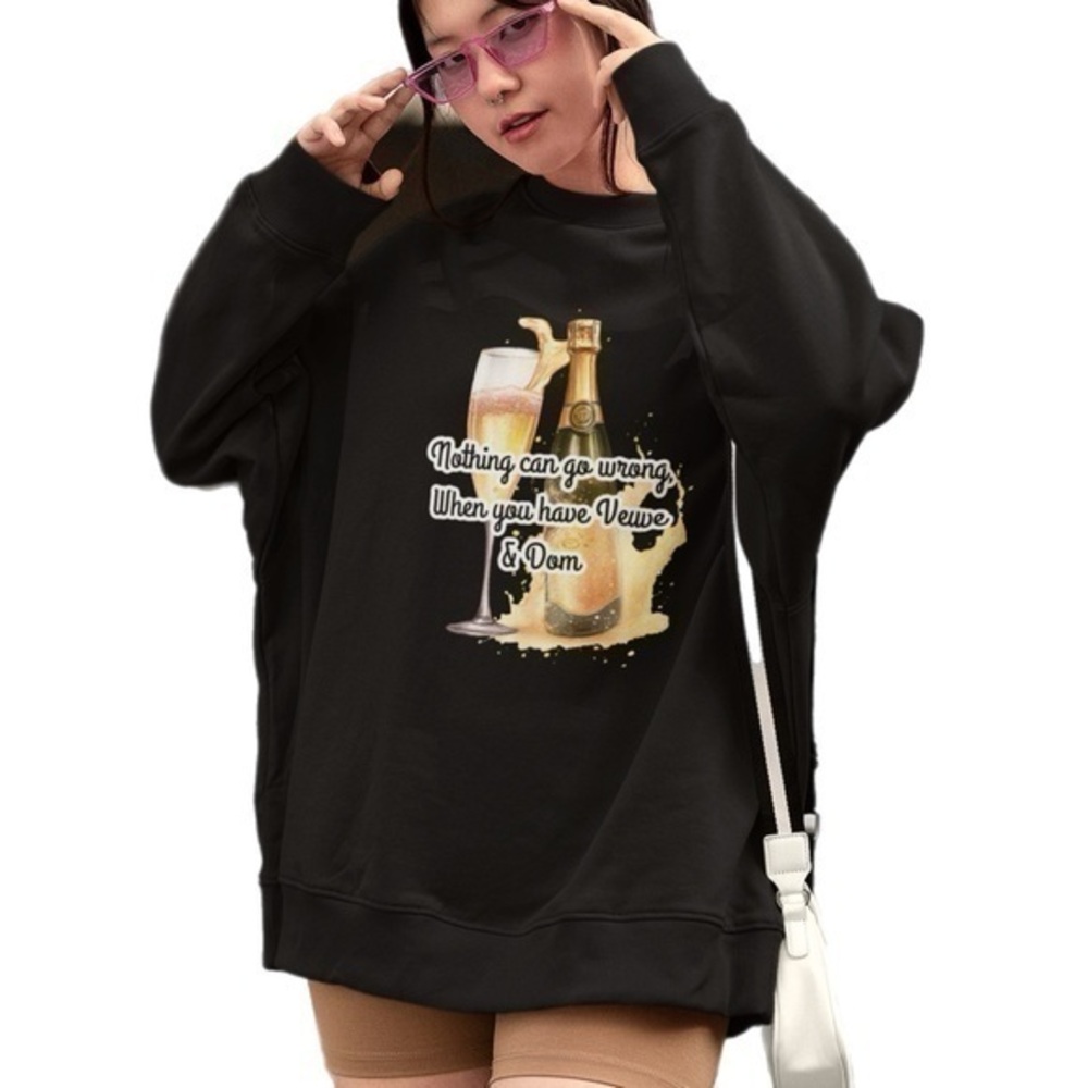 Black & Gold Champagne Bottle Graphic Print Pullover Sweatshirt New